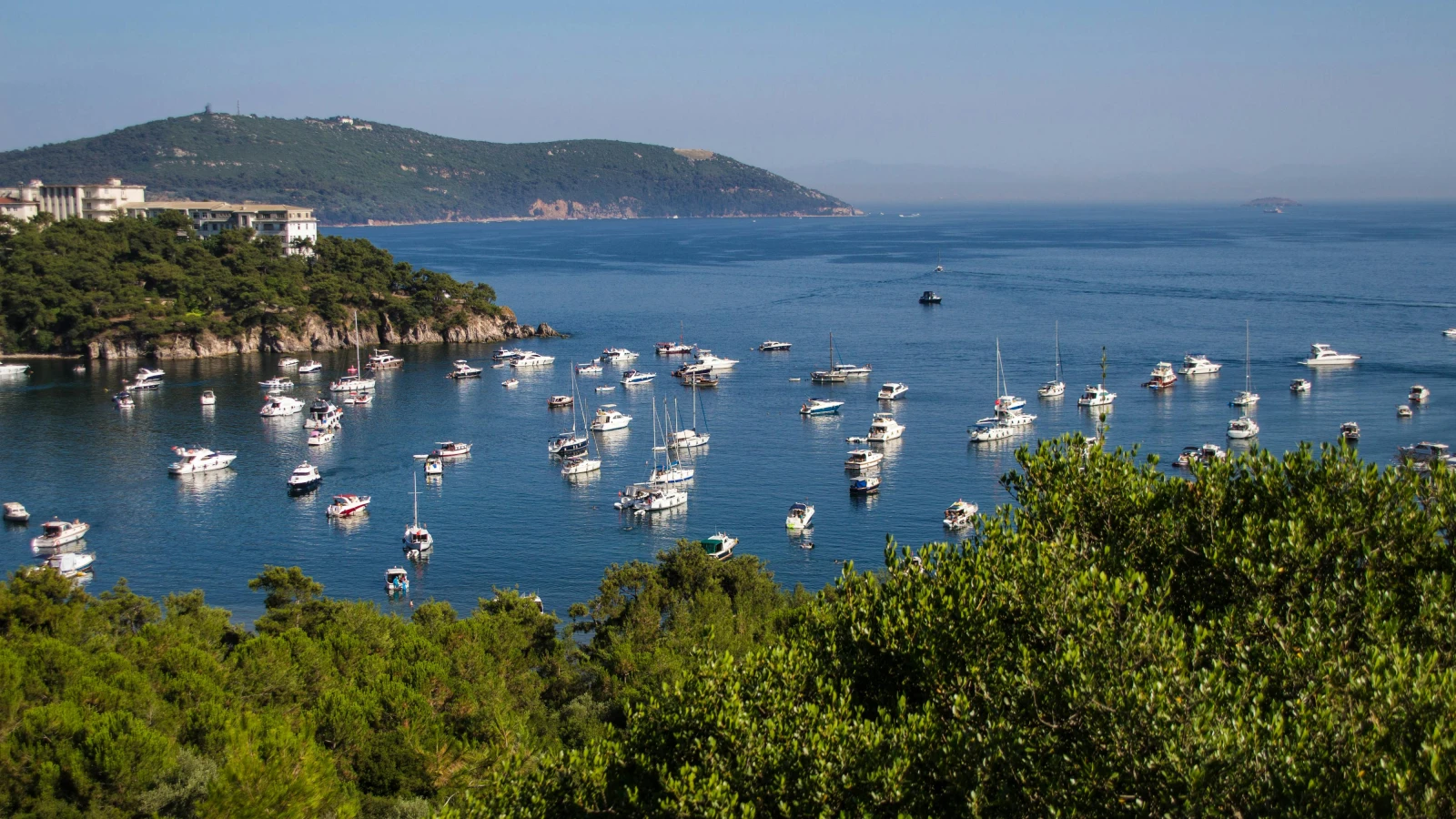 Panoramic viewpoint above Sarandë with Ionian Sea and Corfu island views